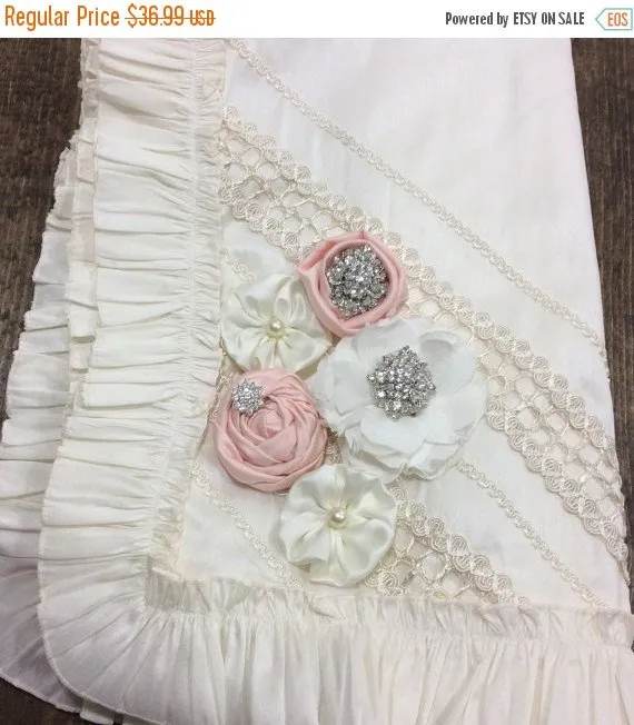 Baptism boy blanket, ruffle baby blanket ivory with blush flowers