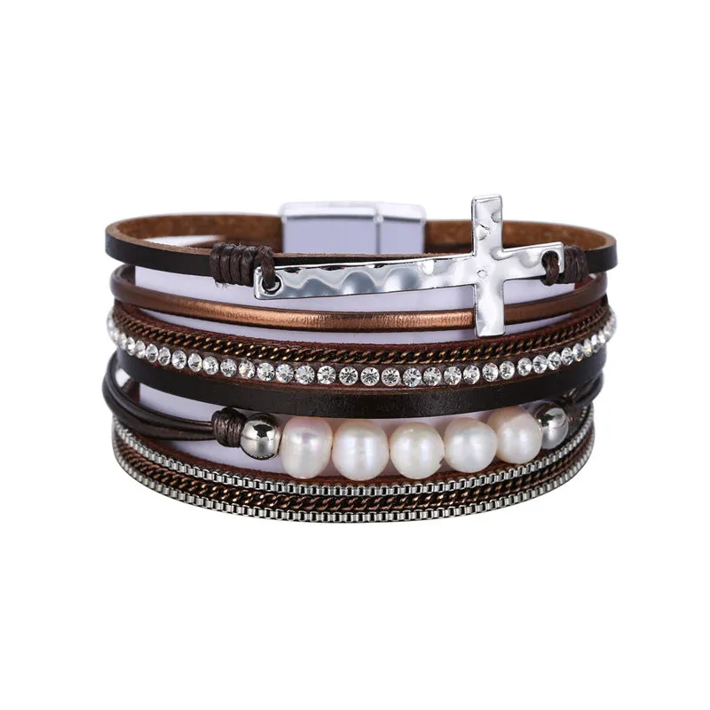 Bohemian PU Leather Bracelet Multi-layer Wide-brimmed Cross Handmade String Pearl Bracelet