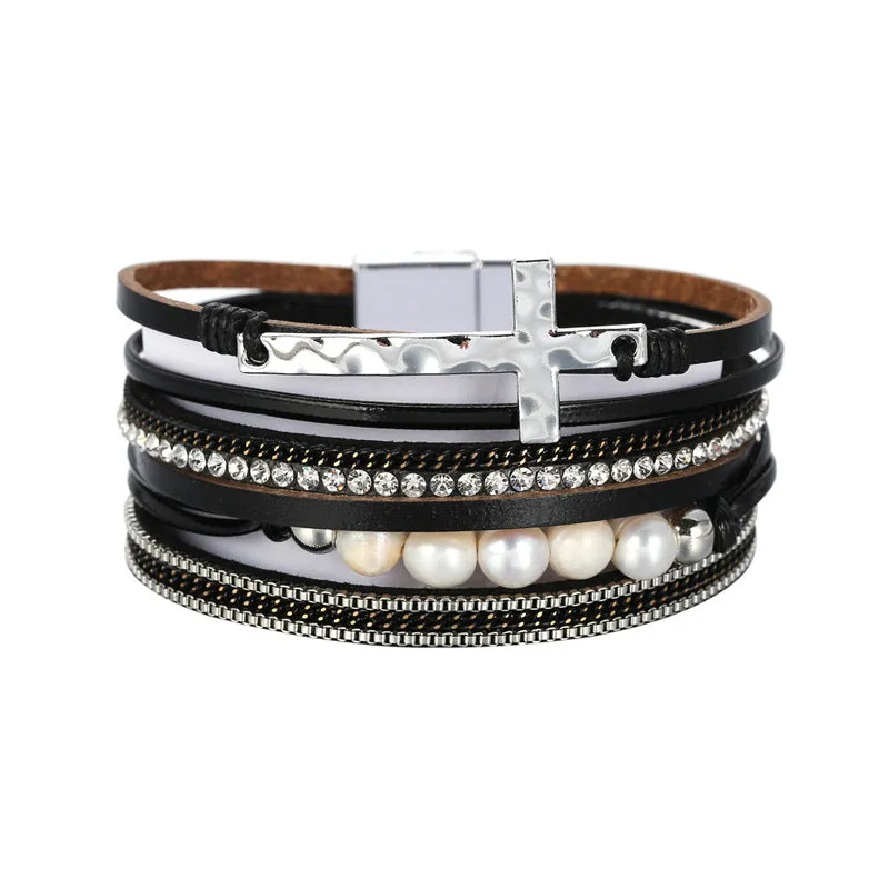 Bohemian PU Leather Bracelet Multi-layer Wide-brimmed Cross Handmade String Pearl Bracelet
