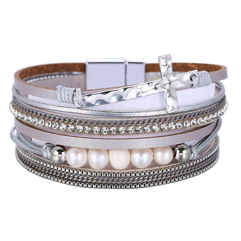 Bohemian PU Leather Bracelet Multi-layer Wide-brimmed Cross Handmade String Pearl Bracelet