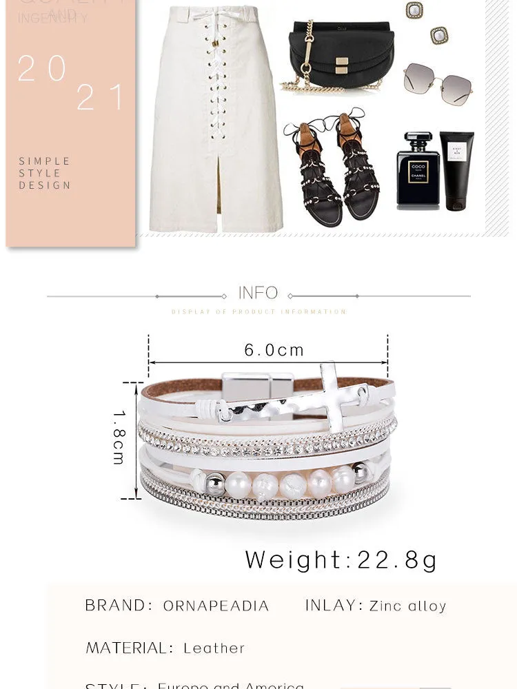 Bohemian PU Leather Bracelet Multi-layer Wide-brimmed Cross Handmade String Pearl Bracelet