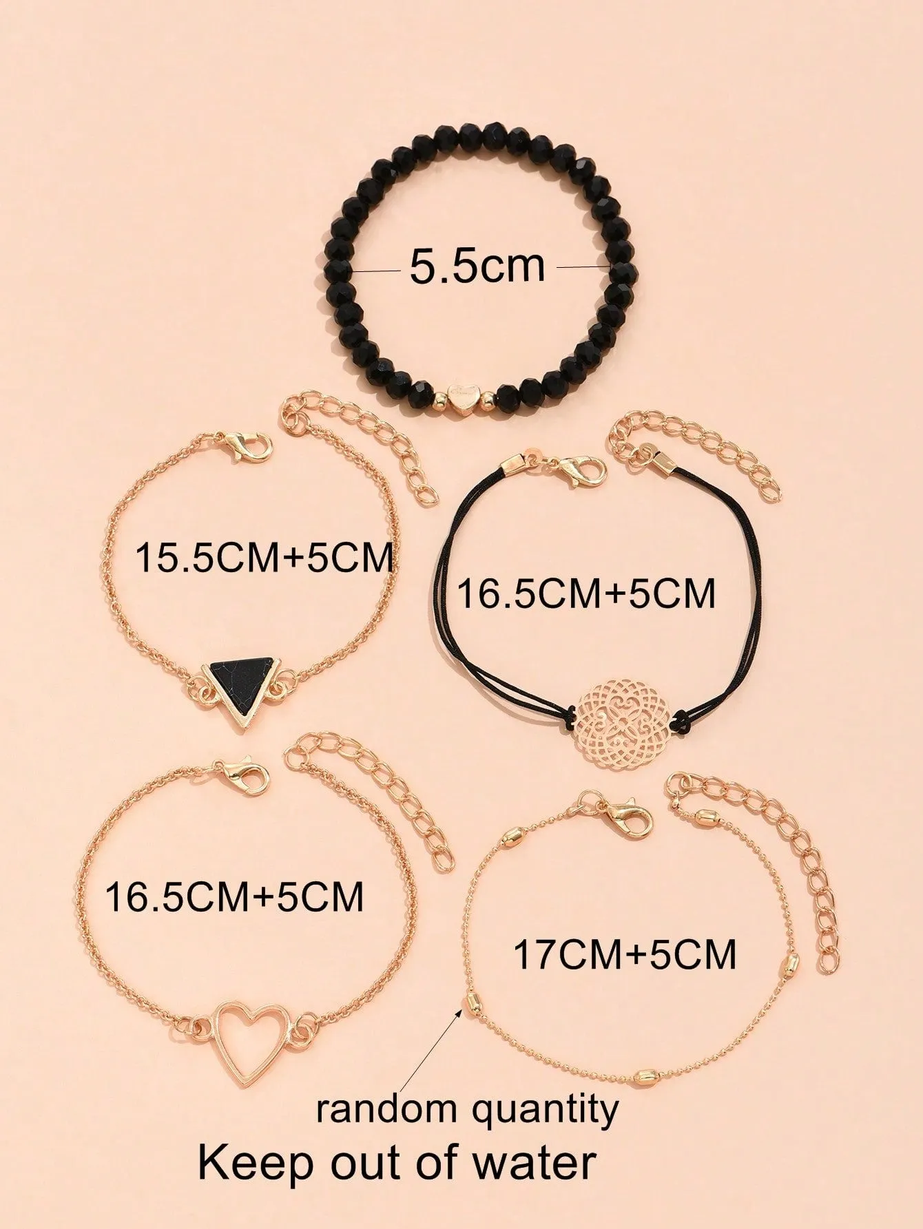 Bohemian Style 5pcs/Set Heart Beaded Black Bracelet Set