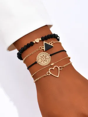 Bohemian Style 5pcs/Set Heart Beaded Black Bracelet Set