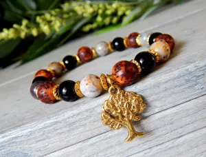 Bracelet - Red and Black Bohemian Style with Tree Charm