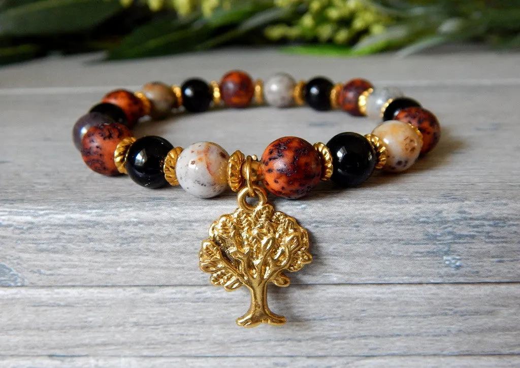 Bracelet - Red and Black Bohemian Style with Tree Charm