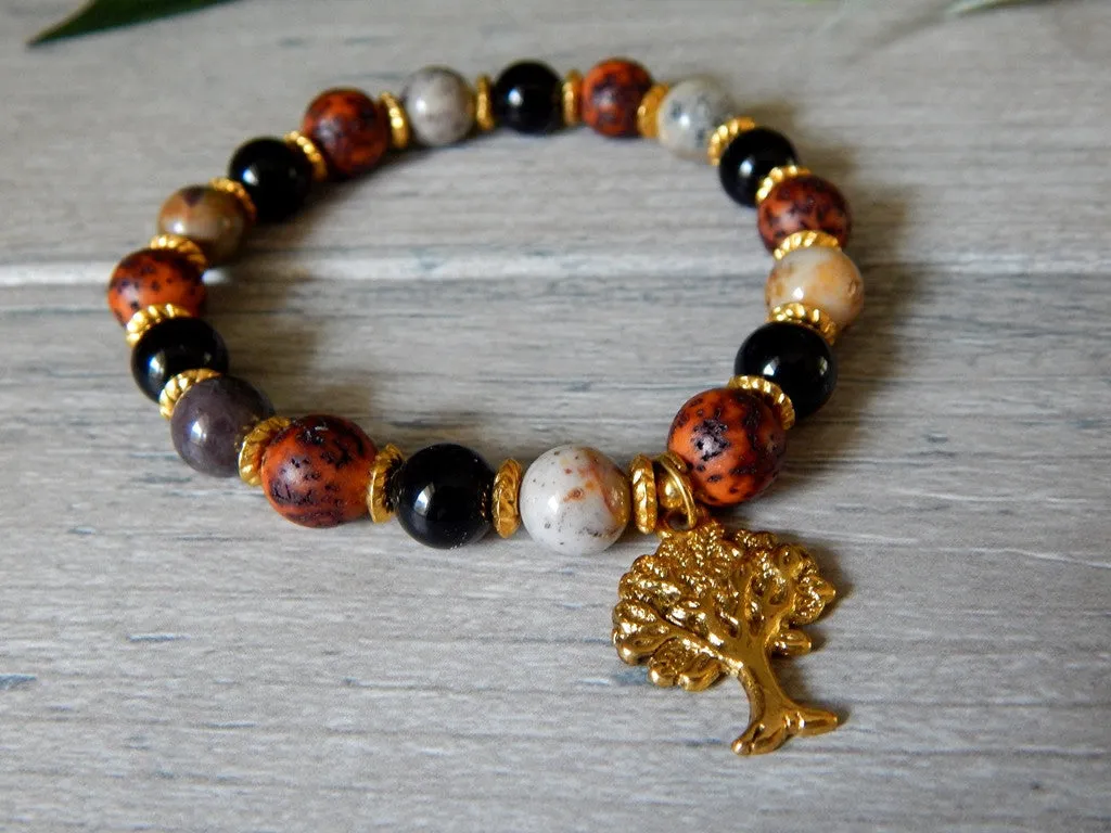 Bracelet - Red and Black Bohemian Style with Tree Charm