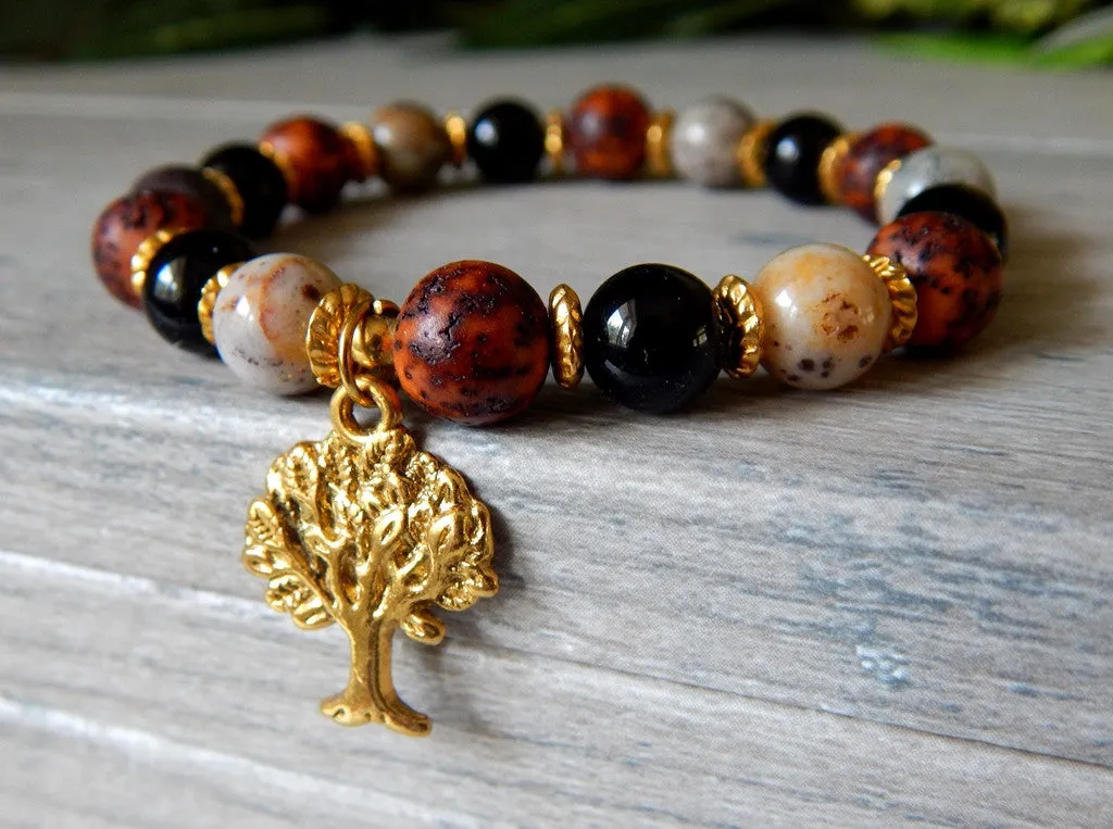 Bracelet - Red and Black Bohemian Style with Tree Charm