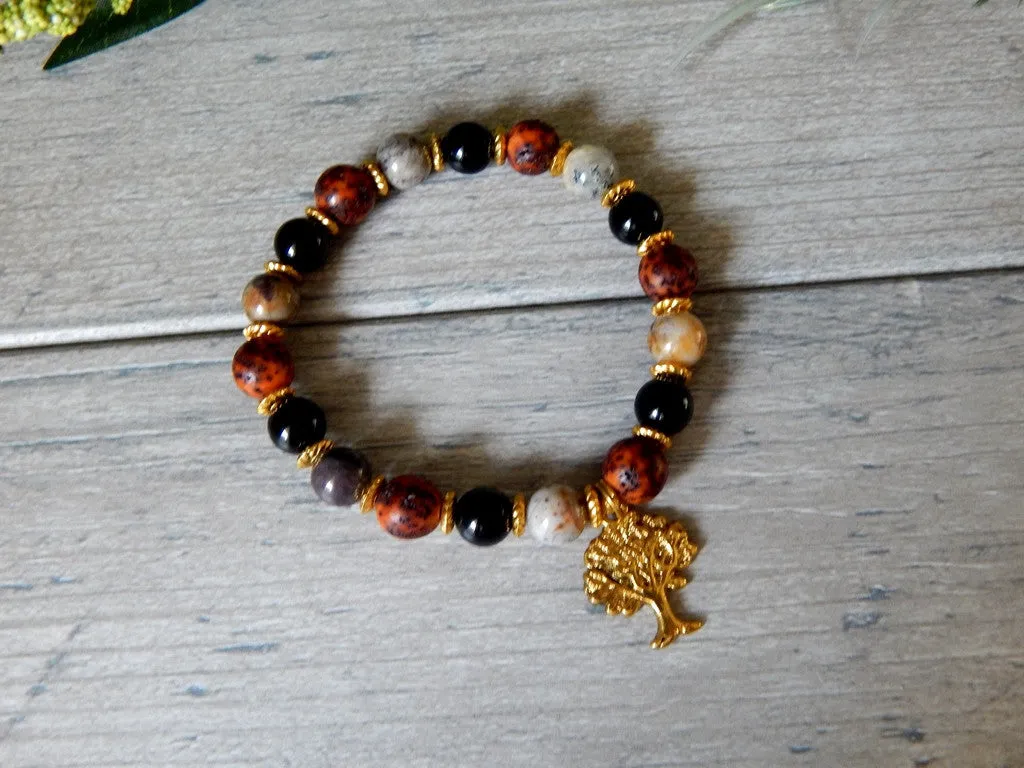 Bracelet - Red and Black Bohemian Style with Tree Charm