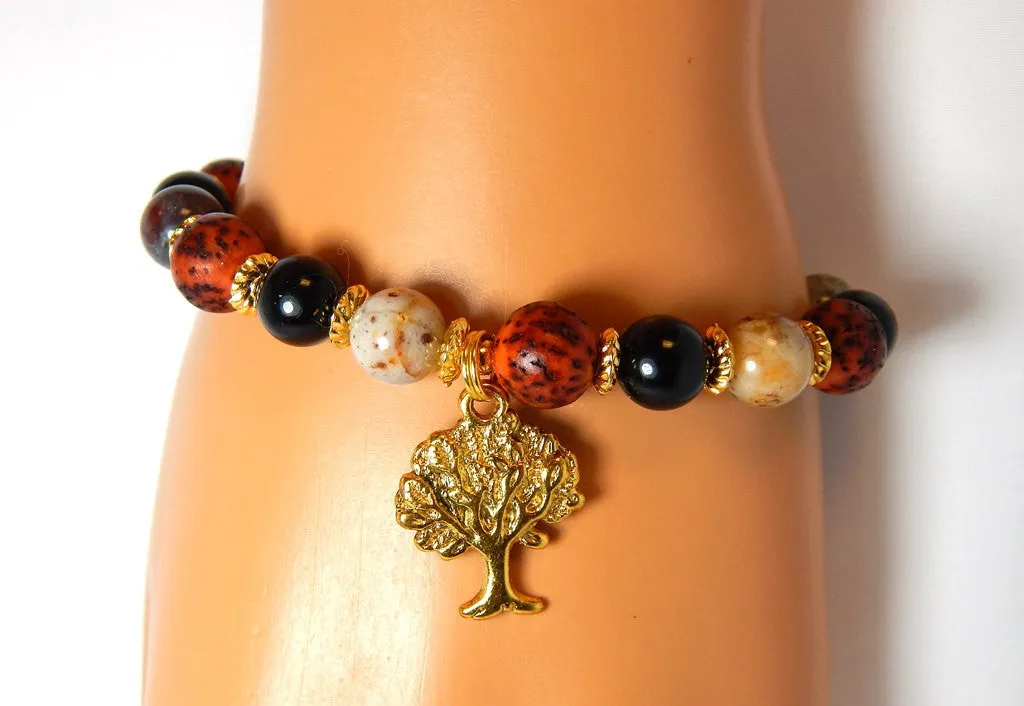 Bracelet - Red and Black Bohemian Style with Tree Charm