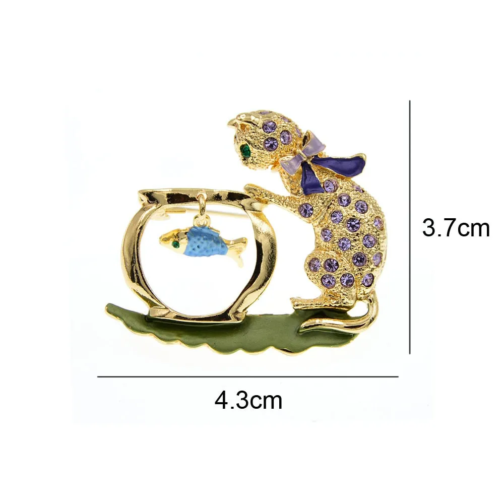 Cute Rhinestone Cat Brooch Kids Animal Pin Fish Jewelry Winter Accessories