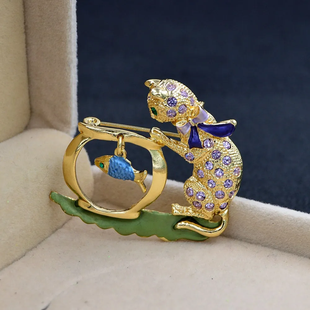 Cute Rhinestone Cat Brooch Kids Animal Pin Fish Jewelry Winter Accessories