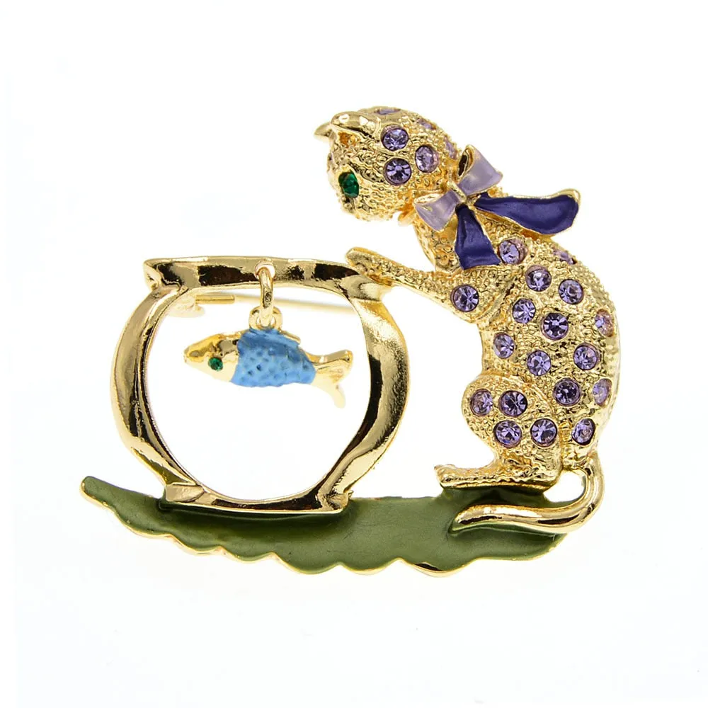 Cute Rhinestone Cat Brooch Kids Animal Pin Fish Jewelry Winter Accessories