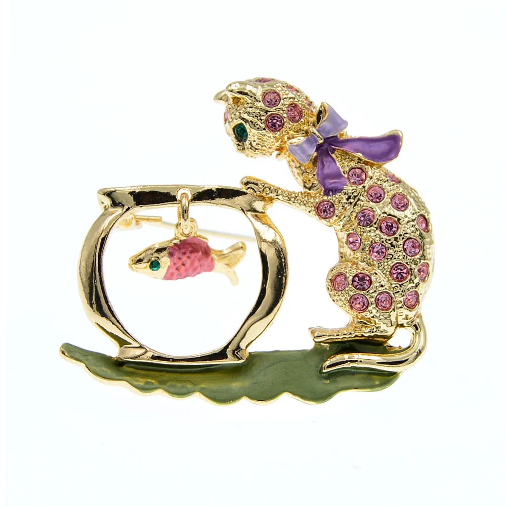 Cute Rhinestone Cat Brooch Kids Animal Pin Fish Jewelry Winter Accessories