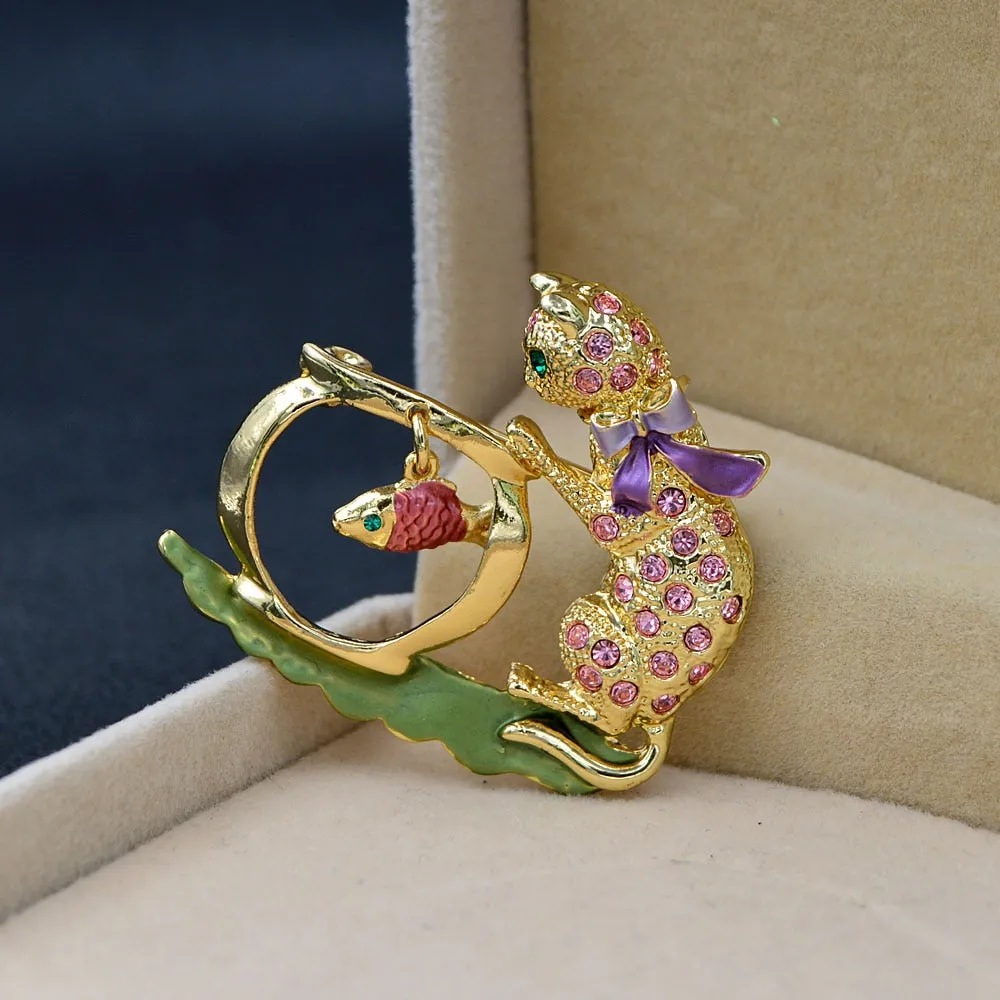 Cute Rhinestone Cat Brooch Kids Animal Pin Fish Jewelry Winter Accessories