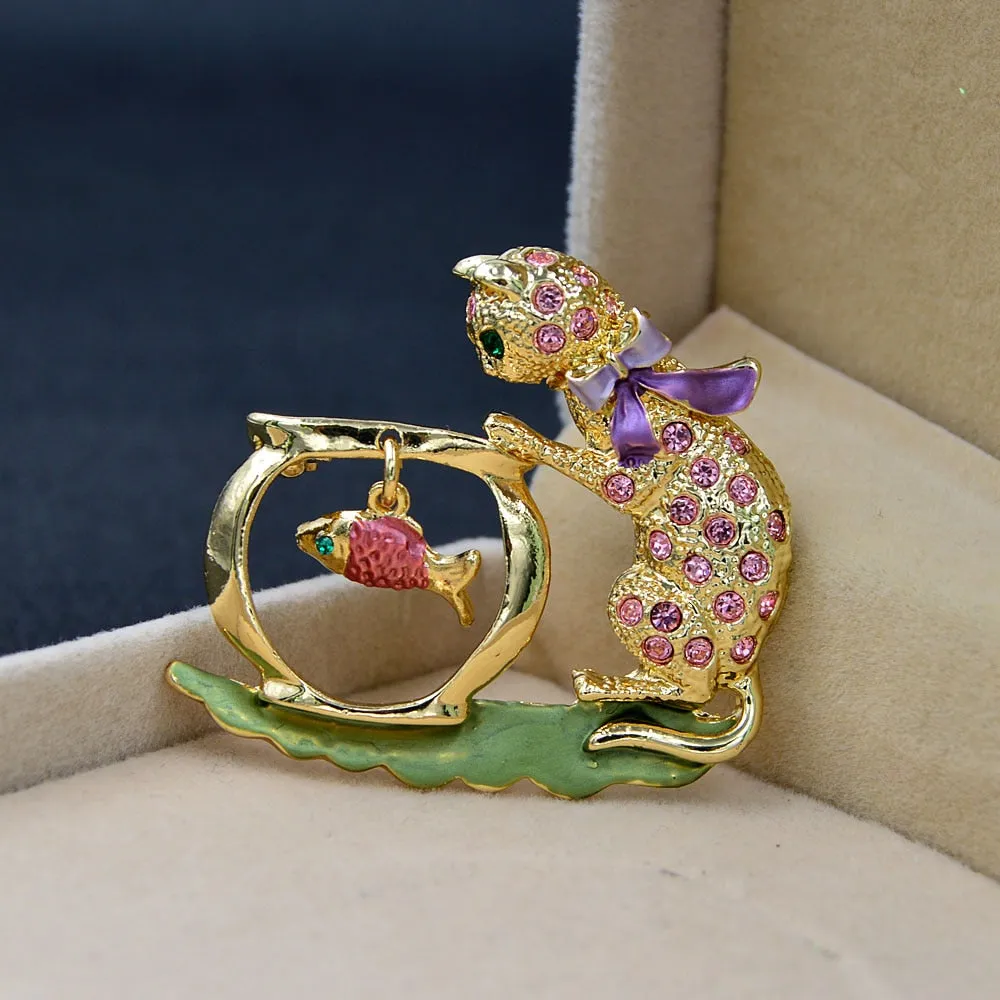 Cute Rhinestone Cat Brooch Kids Animal Pin Fish Jewelry Winter Accessories