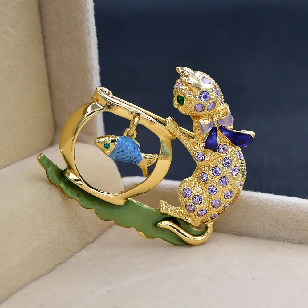 Cute Rhinestone Cat Brooch Kids Animal Pin Fish Jewelry Winter Accessories