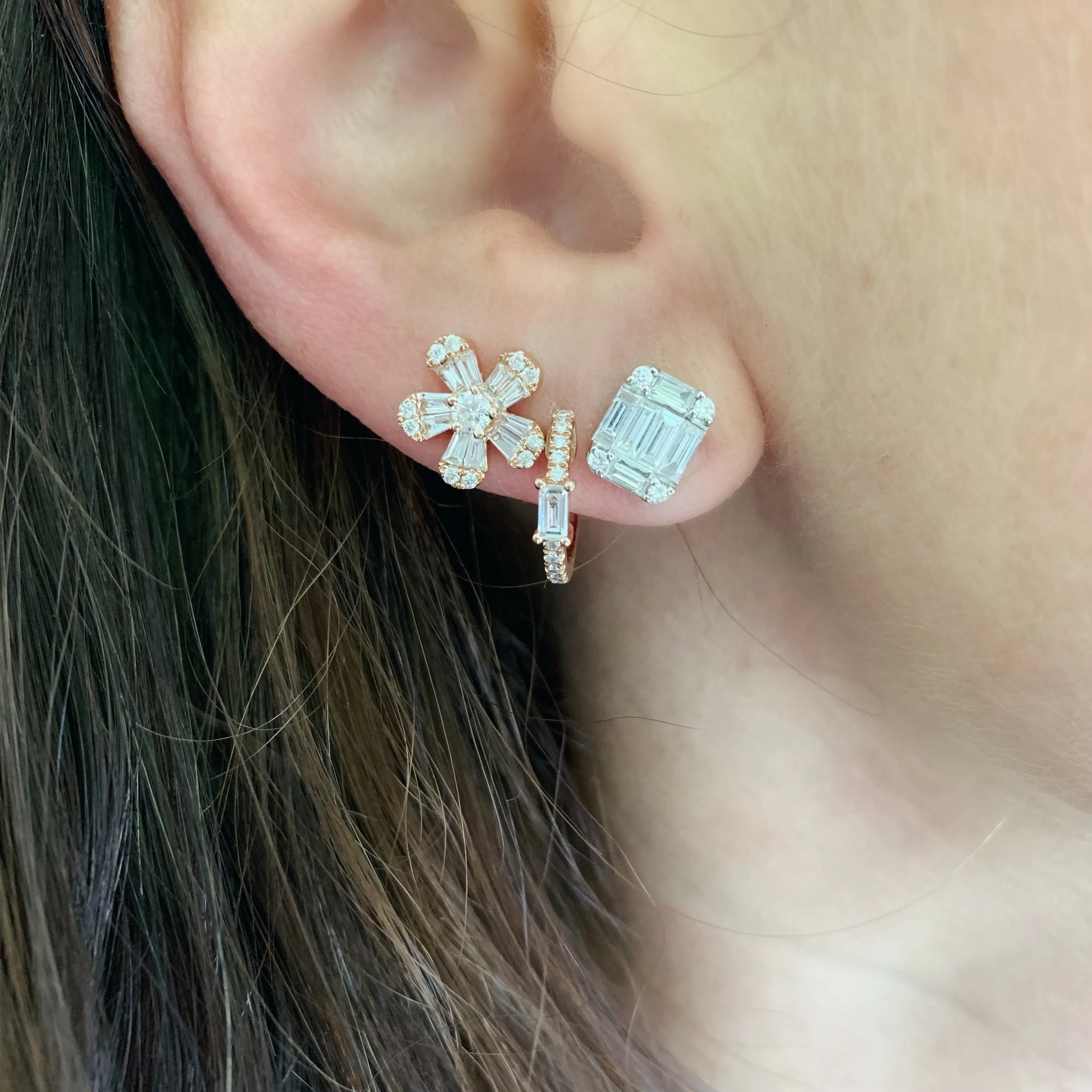Diamond Baguette Flower Stud Earrings