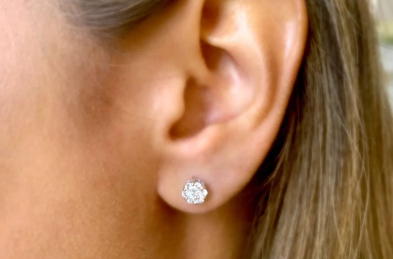 Earrings 0.37 cts Diamonds Round Cluster 14kt Gold