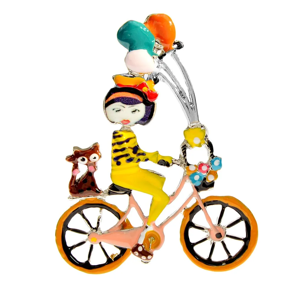 Enamel Cute Ride Bike Girl Brooch Cat And Balloon Pin 4 Colors Available Cartoon