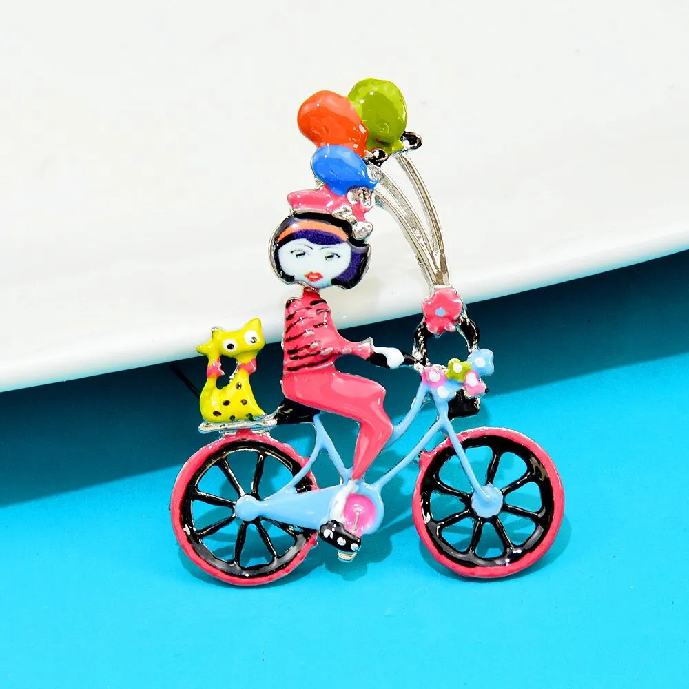 Enamel Cute Ride Bike Girl Brooch Cat And Balloon Pin 4 Colors Available Cartoon