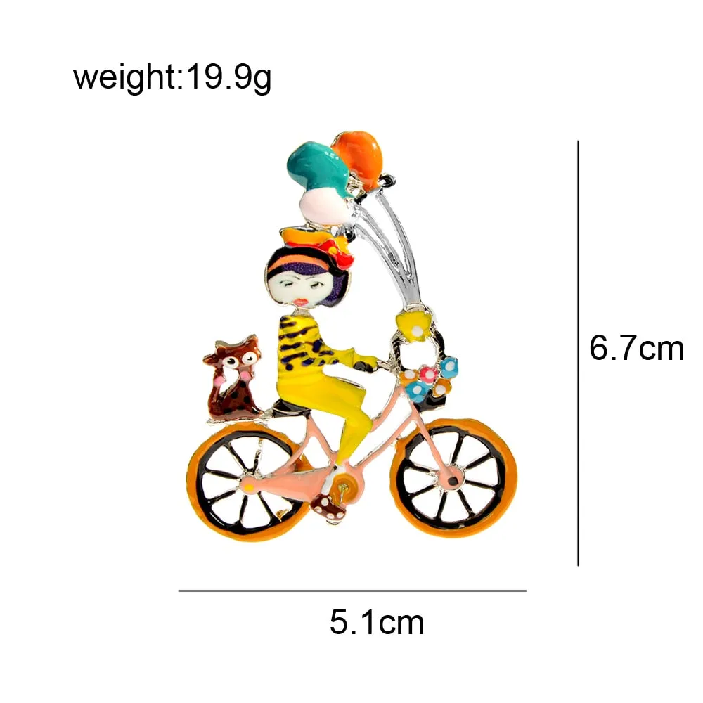 Enamel Cute Ride Bike Girl Brooch Cat And Balloon Pin 4 Colors Available Cartoon