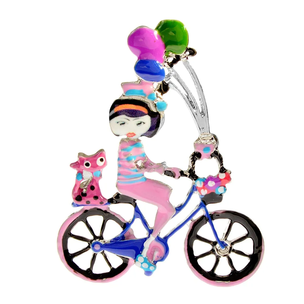 Enamel Cute Ride Bike Girl Brooch Cat And Balloon Pin 4 Colors Available Cartoon