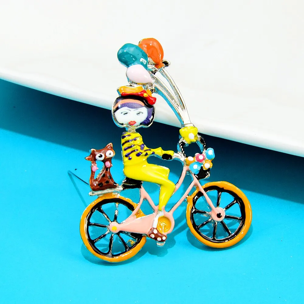 Enamel Cute Ride Bike Girl Brooch Cat And Balloon Pin 4 Colors Available Cartoon