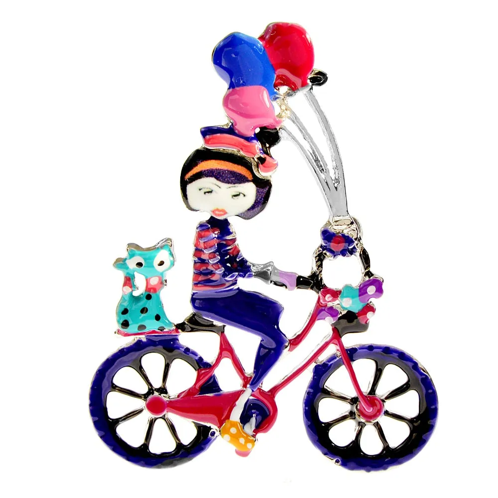 Enamel Cute Ride Bike Girl Brooch Cat And Balloon Pin 4 Colors Available Cartoon