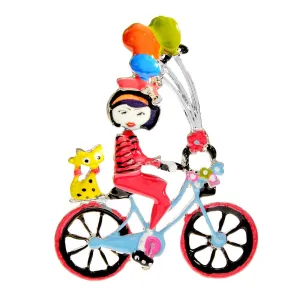 Enamel Cute Ride Bike Girl Brooch Cat And Balloon Pin 4 Colors Available Cartoon