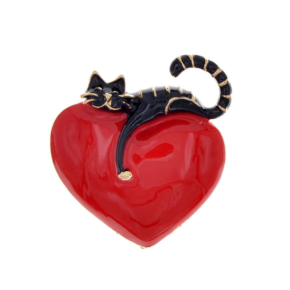 Enamel Heart And Cat Cute Kitty Pin Vivid Animal Brooches Kids Jewelry