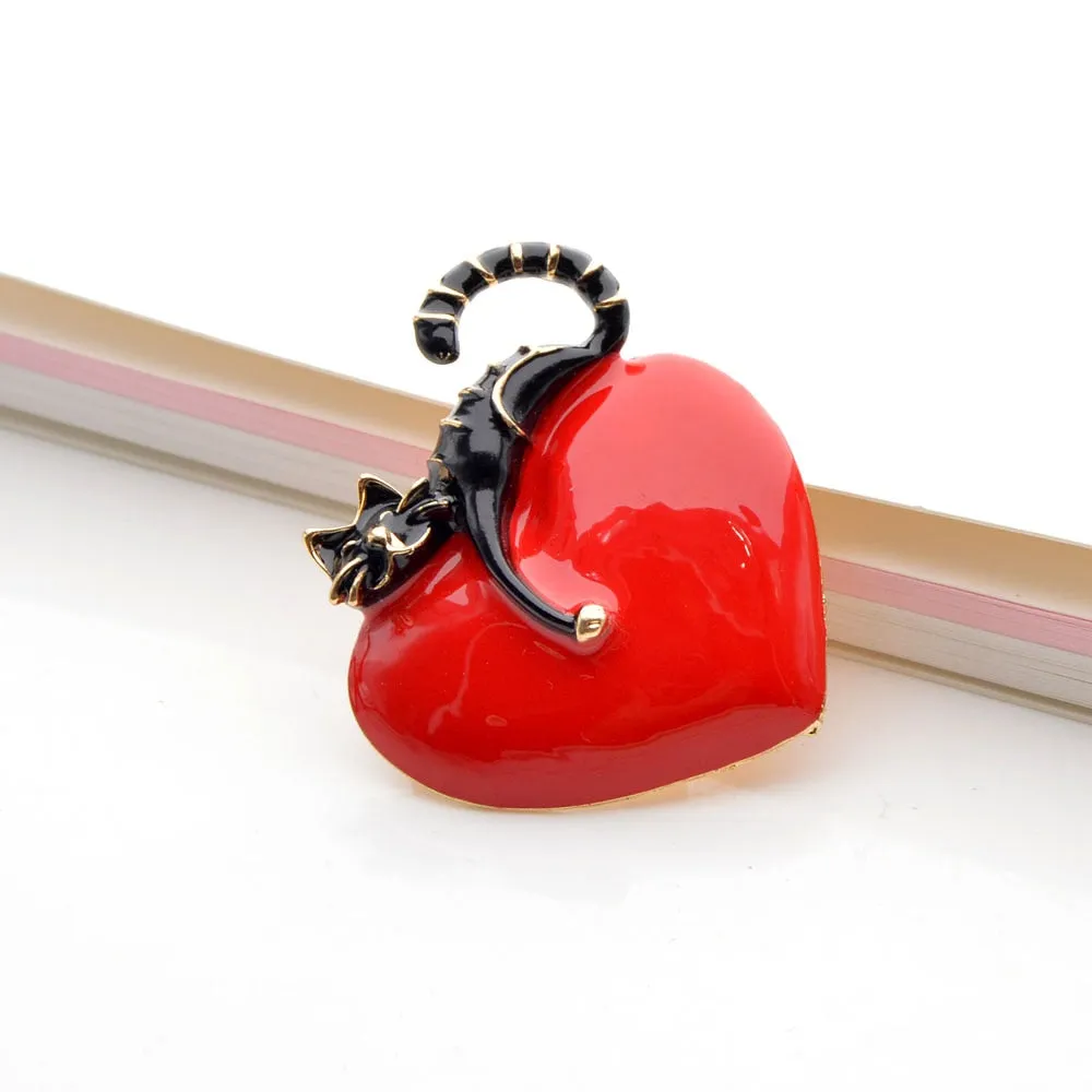 Enamel Heart And Cat Cute Kitty Pin Vivid Animal Brooches Kids Jewelry