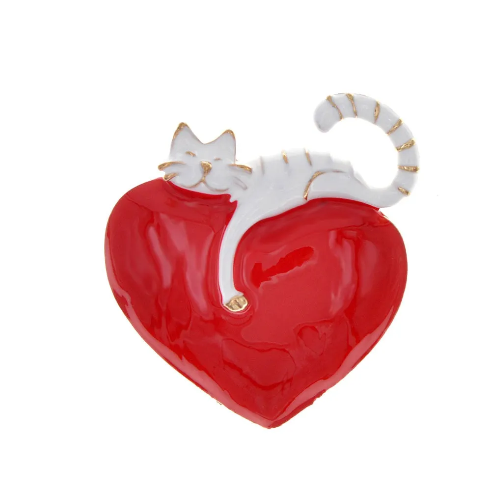 Enamel Heart And Cat Cute Kitty Pin Vivid Animal Brooches Kids Jewelry