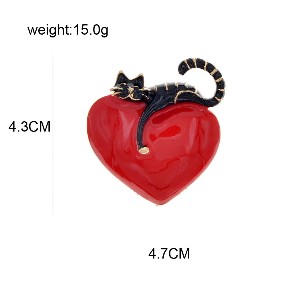 Enamel Heart And Cat Cute Kitty Pin Vivid Animal Brooches Kids Jewelry