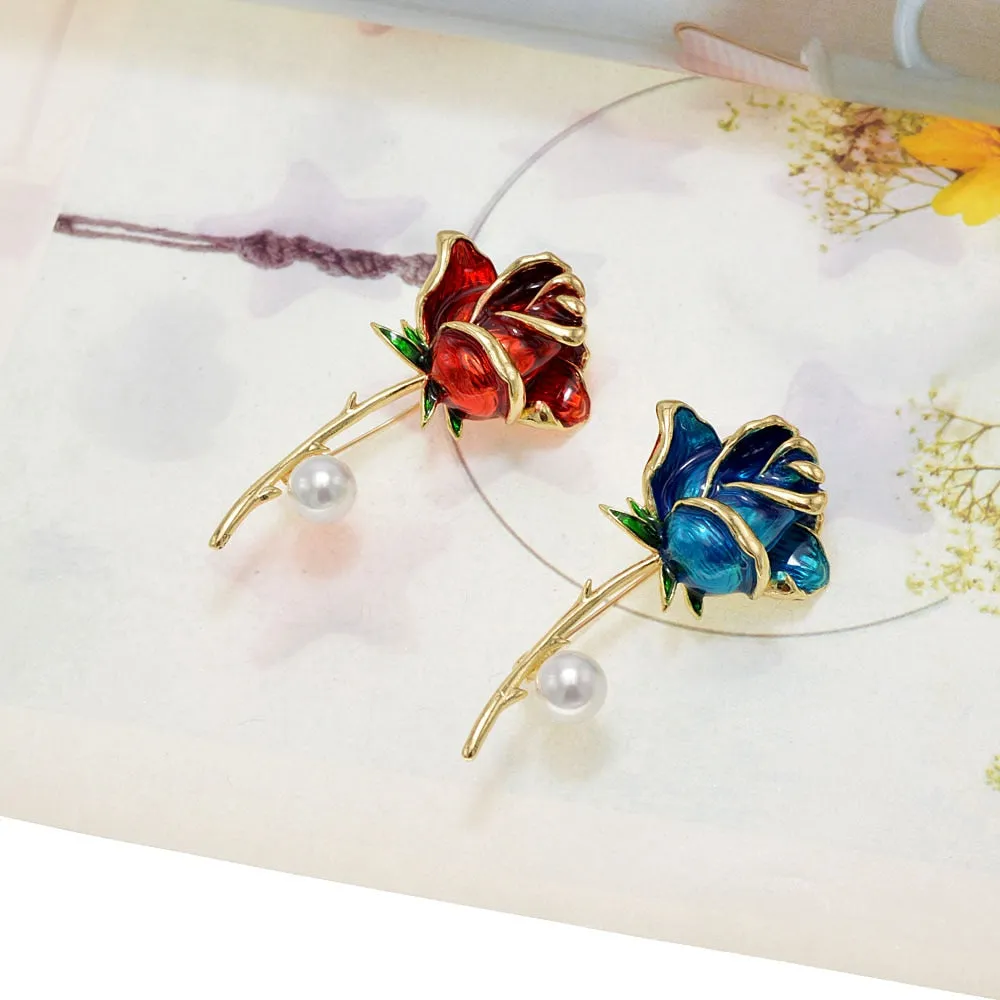 Enamel Rose Flower Brooches For Women 4 Colors Choose Pearl Pin Wedding Booch
