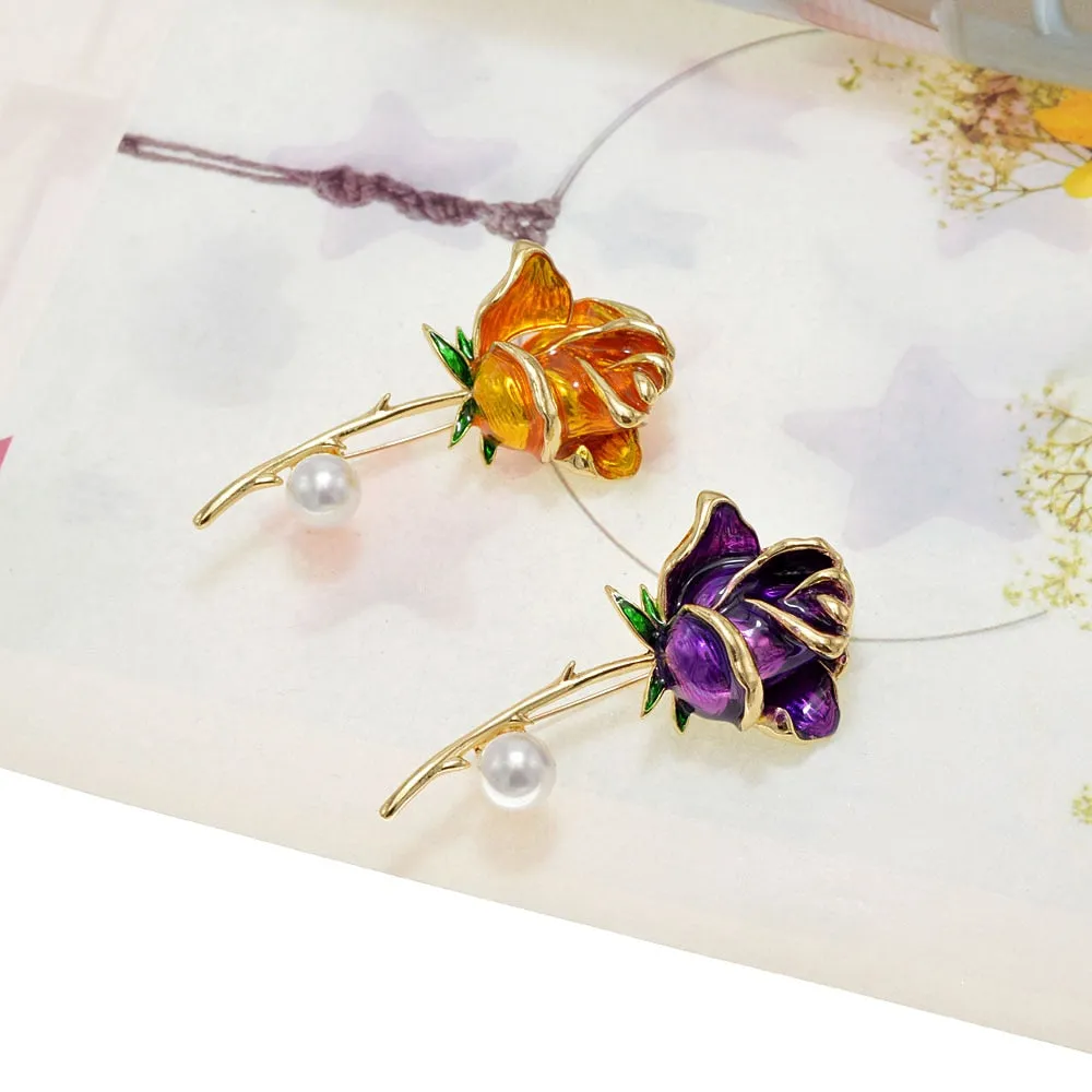 Enamel Rose Flower Brooches For Women 4 Colors Choose Pearl Pin Wedding Booch