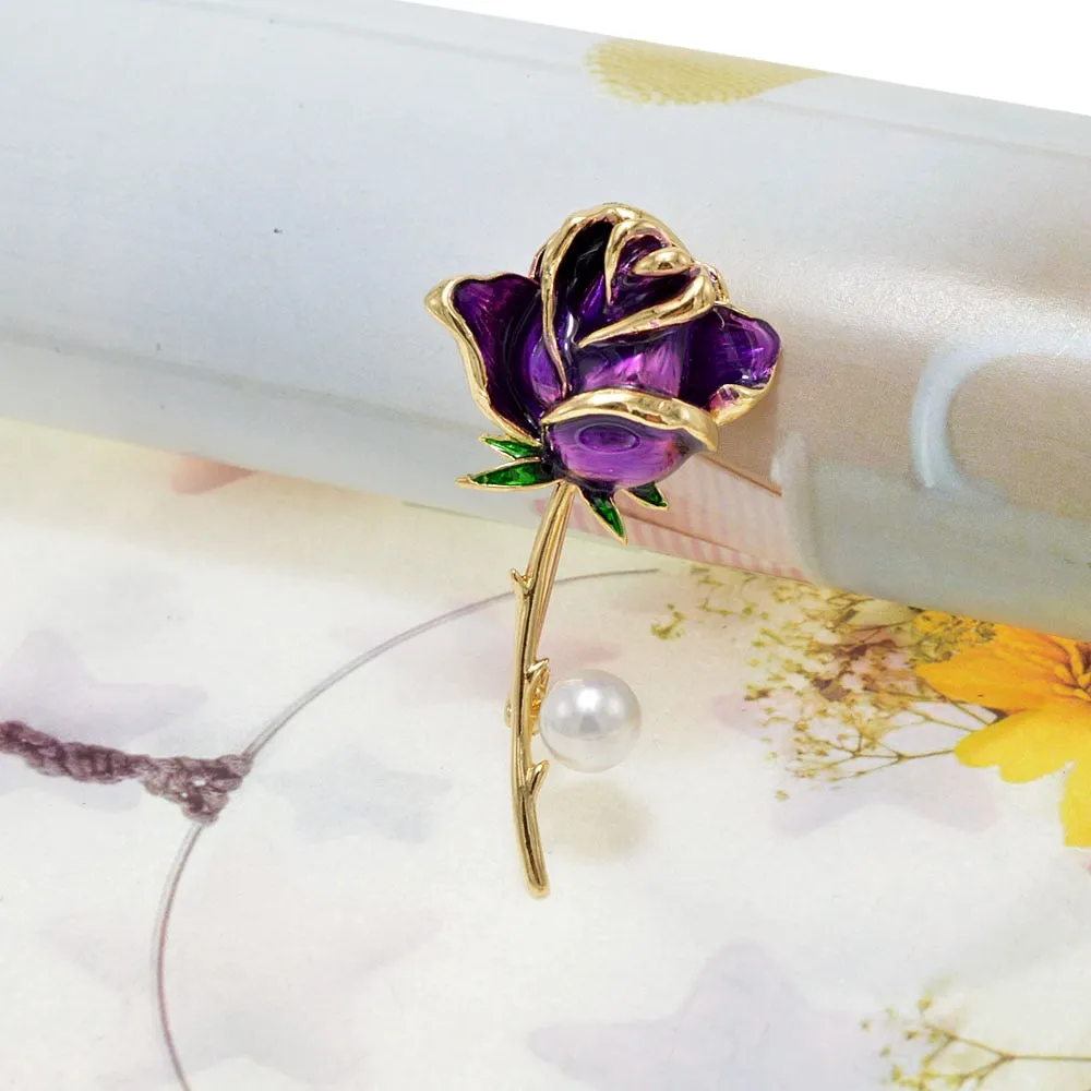 Enamel Rose Flower Brooches For Women 4 Colors Choose Pearl Pin Wedding Booch