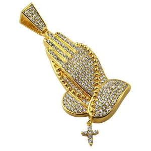 Gold Praying Hands Bling Pendant Dangling Cross
