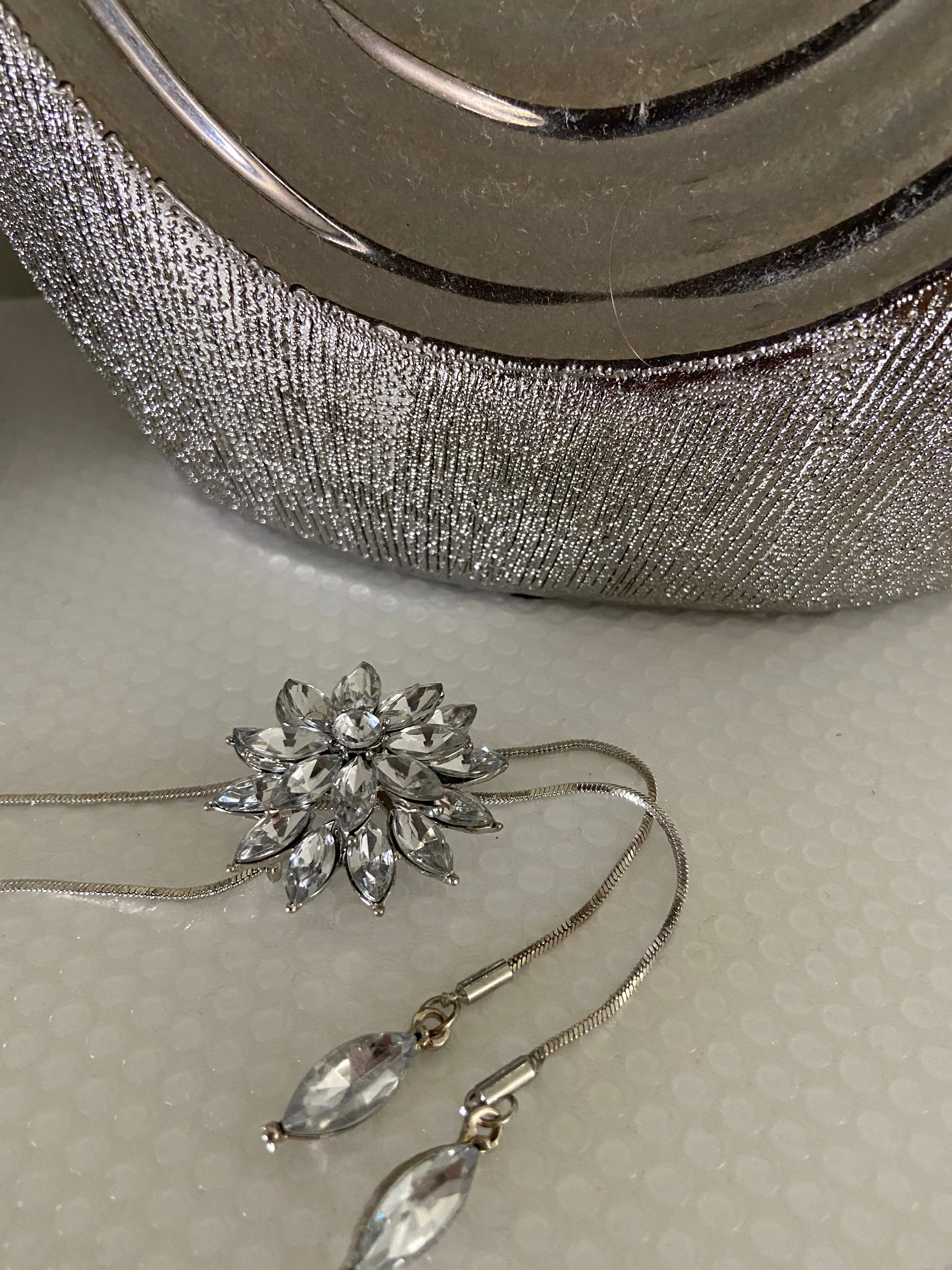Gorgeous long Silver Chain Necklaces with Pearls and Crystals.