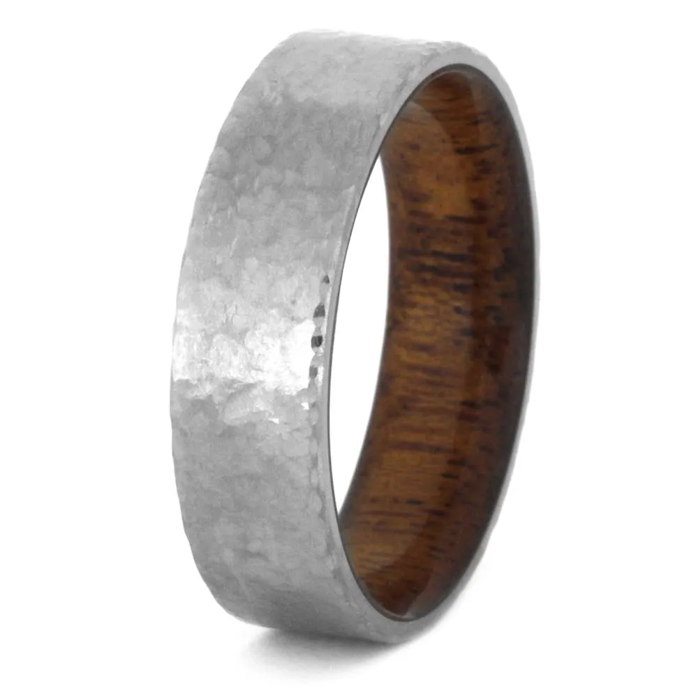 Hammered Titanium Wedding Band with a Mahogany Wood Sleeve