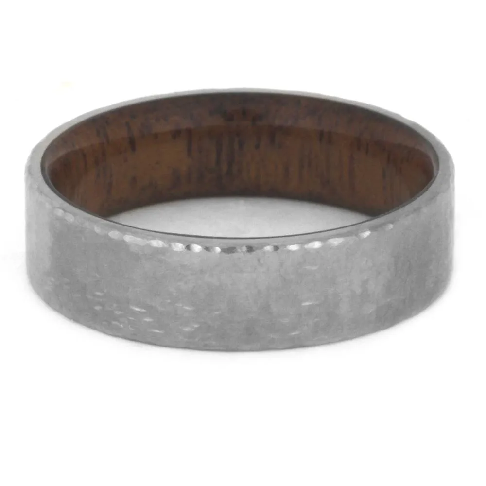 Hammered Titanium Wedding Band with a Mahogany Wood Sleeve