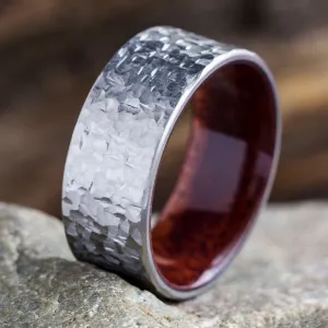 Hammered Titanium Wedding Band with a Mahogany Wood Sleeve
