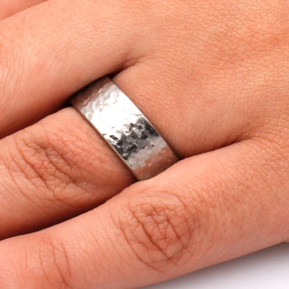 Hammered Titanium Wedding Band with a Mahogany Wood Sleeve