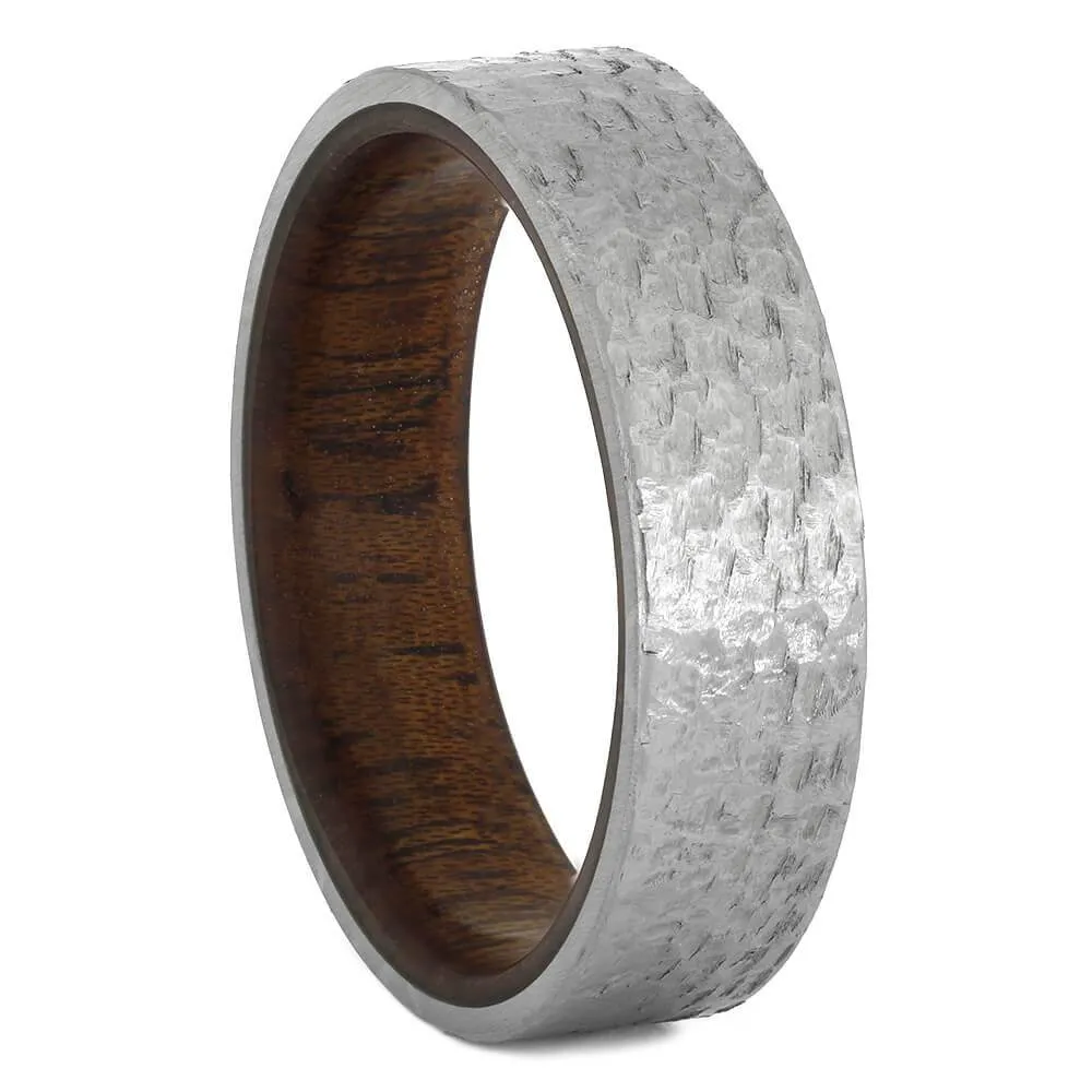 Hammered Titanium Wedding Band with a Mahogany Wood Sleeve