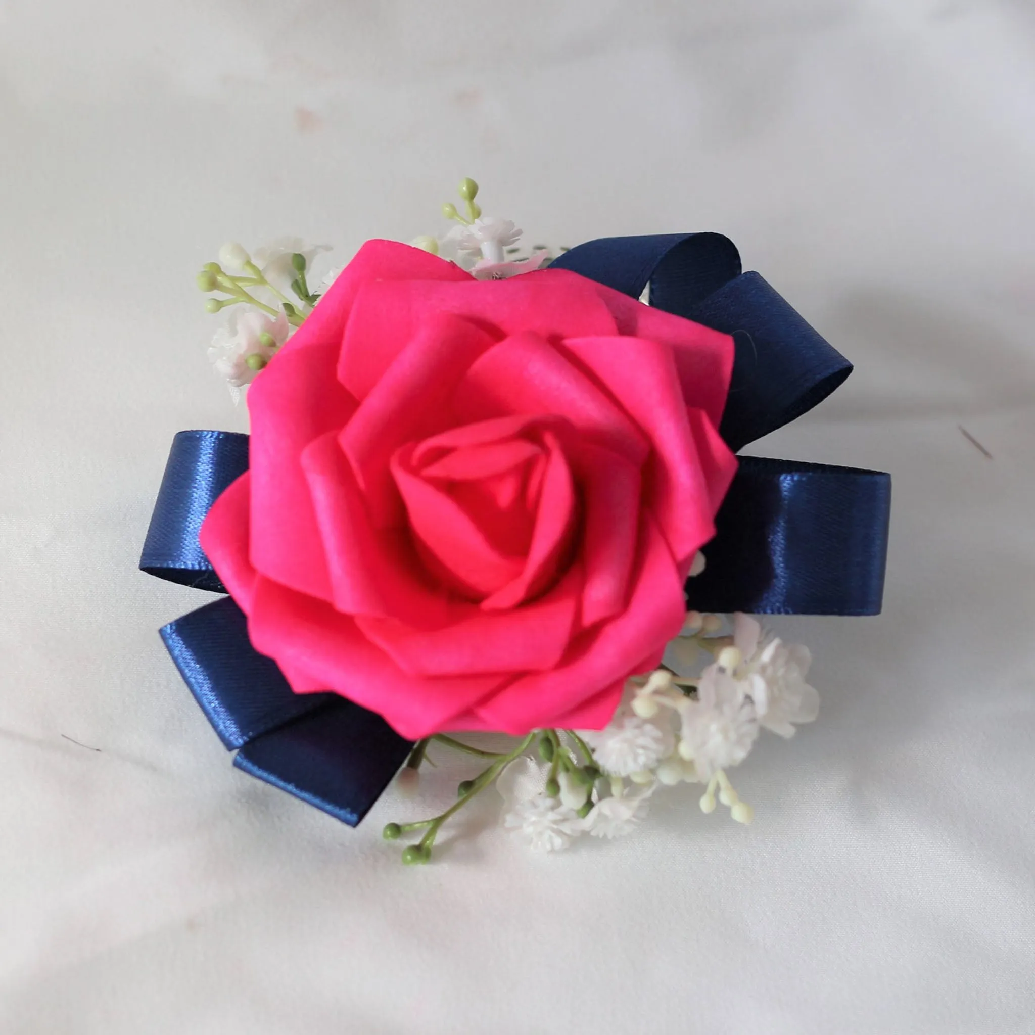 Hot Pink Bride Flower Bouquet Artificial Roses Navy Blue Ribbon
