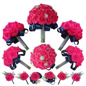 Hot Pink Bride Flower Bouquet Artificial Roses Navy Blue Ribbon