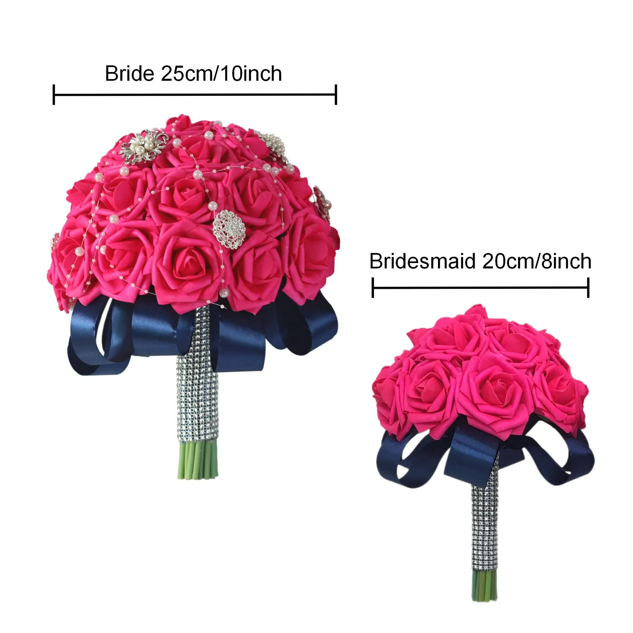 Hot Pink Bride Flower Bouquet Artificial Roses Navy Blue Ribbon