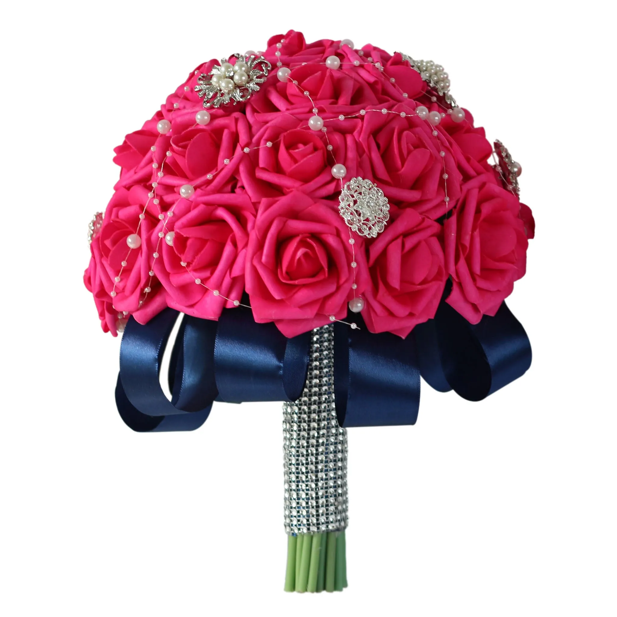 Hot Pink Bride Flower Bouquet Artificial Roses Navy Blue Ribbon