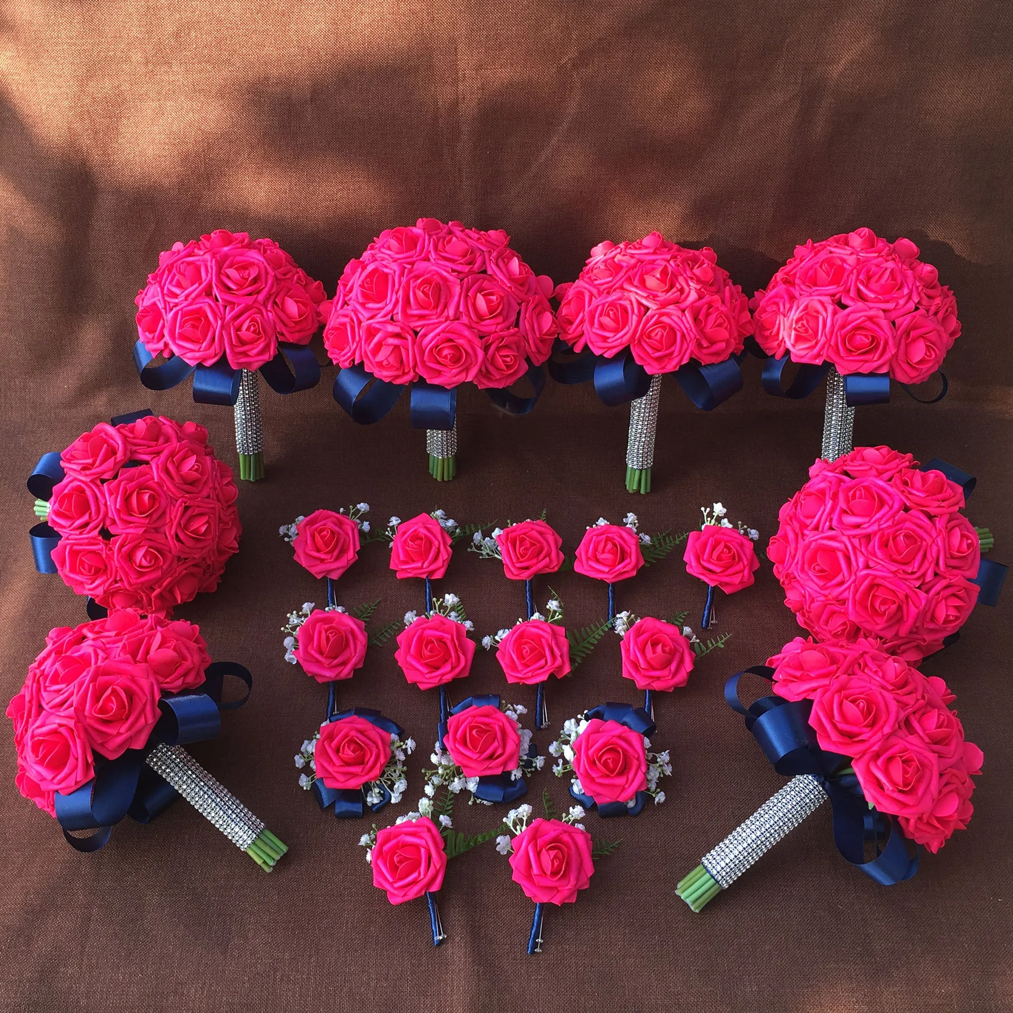 Hot Pink Bride Flower Bouquet Artificial Roses Navy Blue Ribbon