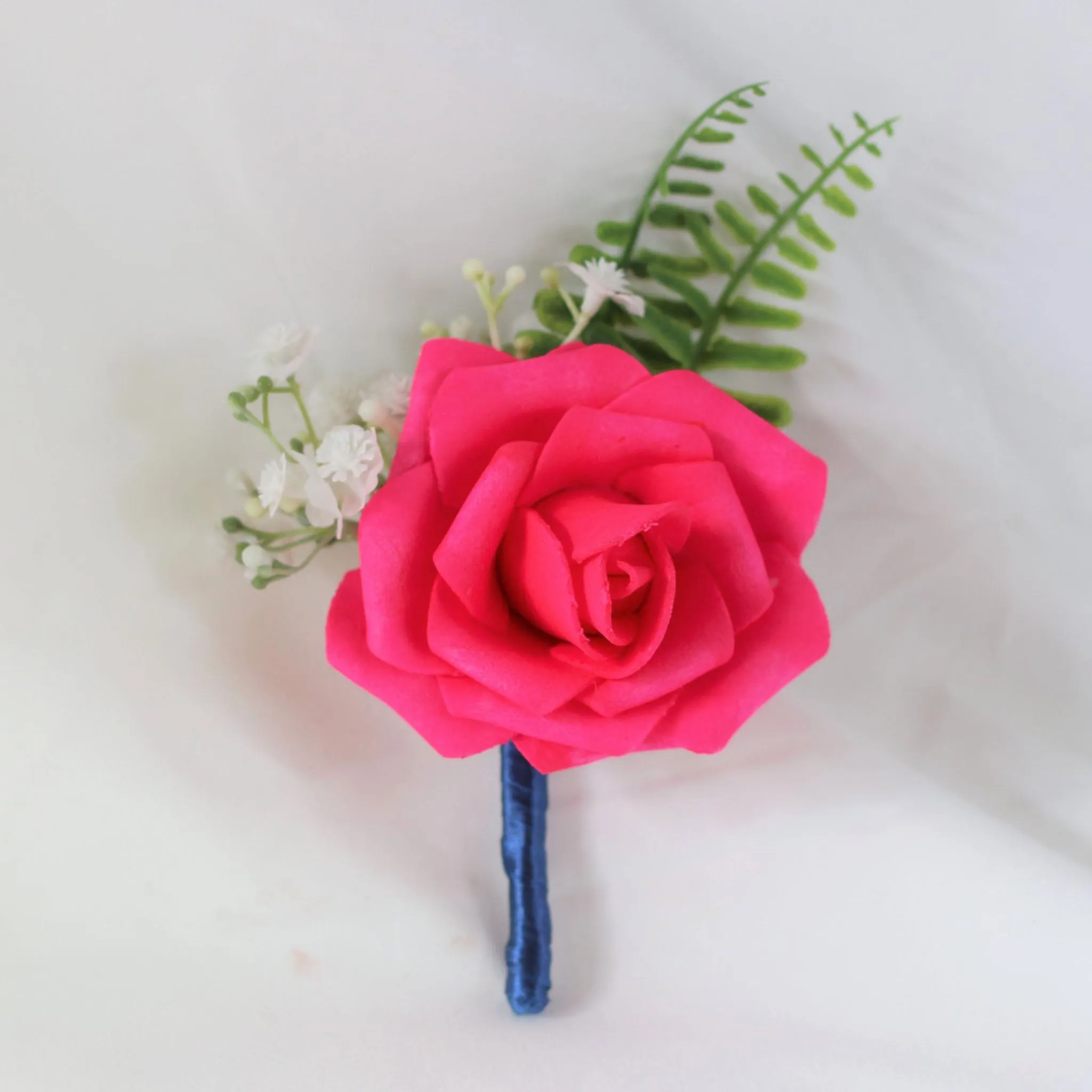 Hot Pink Bride Flower Bouquet Artificial Roses Navy Blue Ribbon