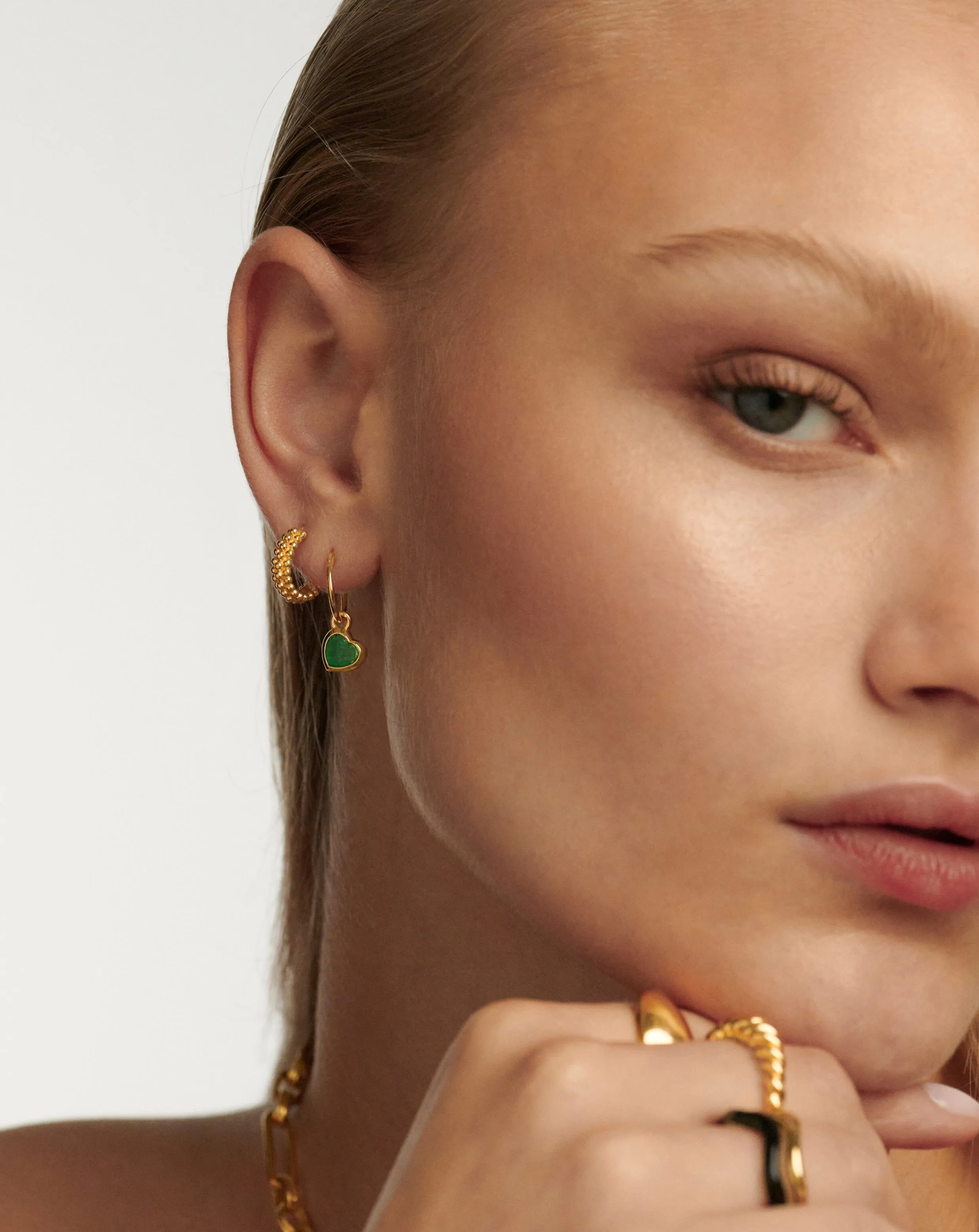 Jelly Heart Charm Mini Hoop Earrings | 18ct Gold Plated Vermeil/Green Chalcedony